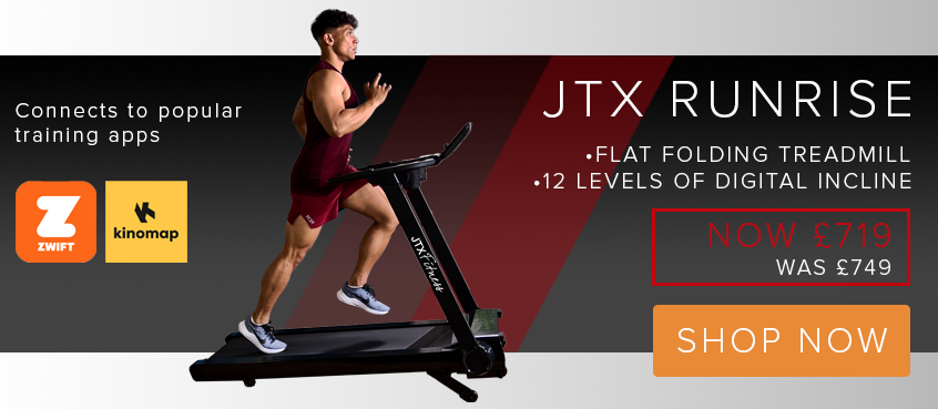 Athlete running on a JTX Sprint 9 bluetooth treadmill, which is on sale at £1499 instead of £1599