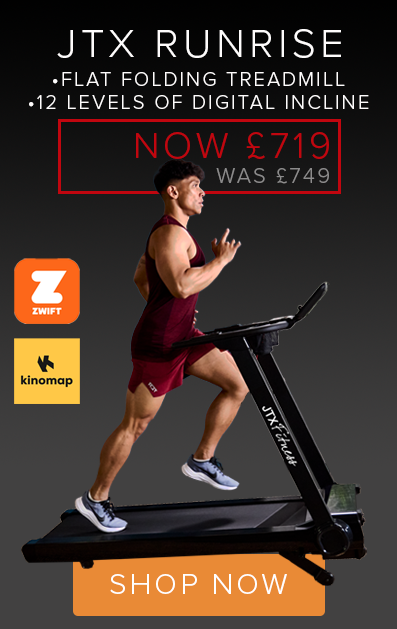 Athlete running on a JTX Sprint 9 bluetooth treadmill, which is on sale at £1499 instead of £1599